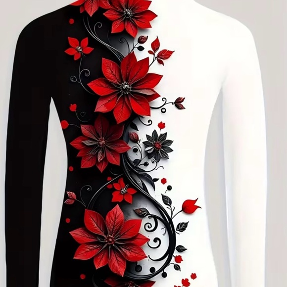 Oriental high neck Black and White Floral Long Sleeve Top - Picture 4 of 5